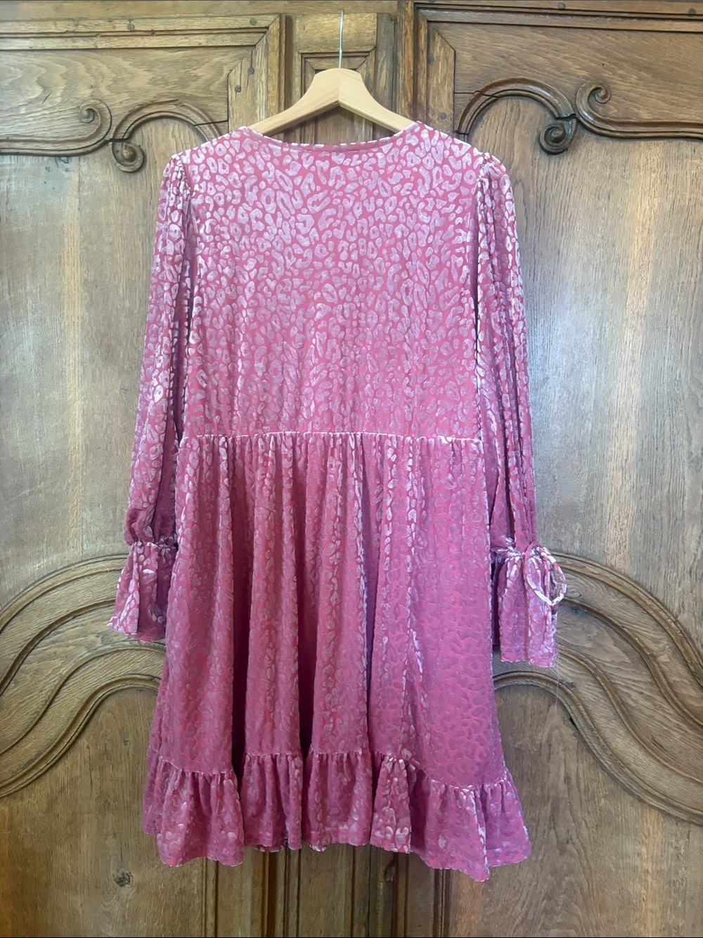 New In Leopard Velvet Ruffled Holiday Mini Dress - Picture 9 of 11